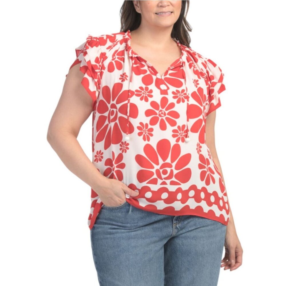 NWT Women's Rose + Olive Red and White Floral Flutter Sleeve Blouse Size 1X